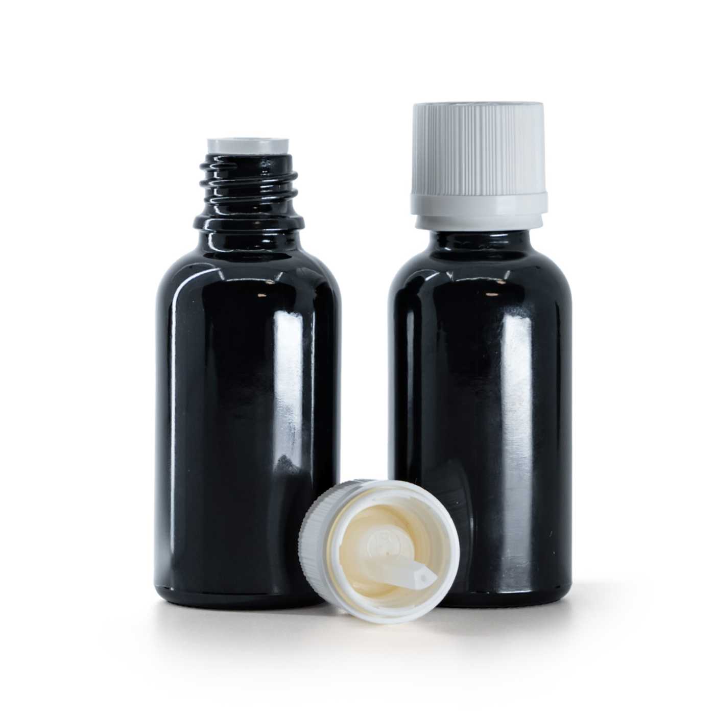 Skleněná lahvička, černá lesklá, bílý bezpečnostní uzávěr s kapátkem, 30 ml