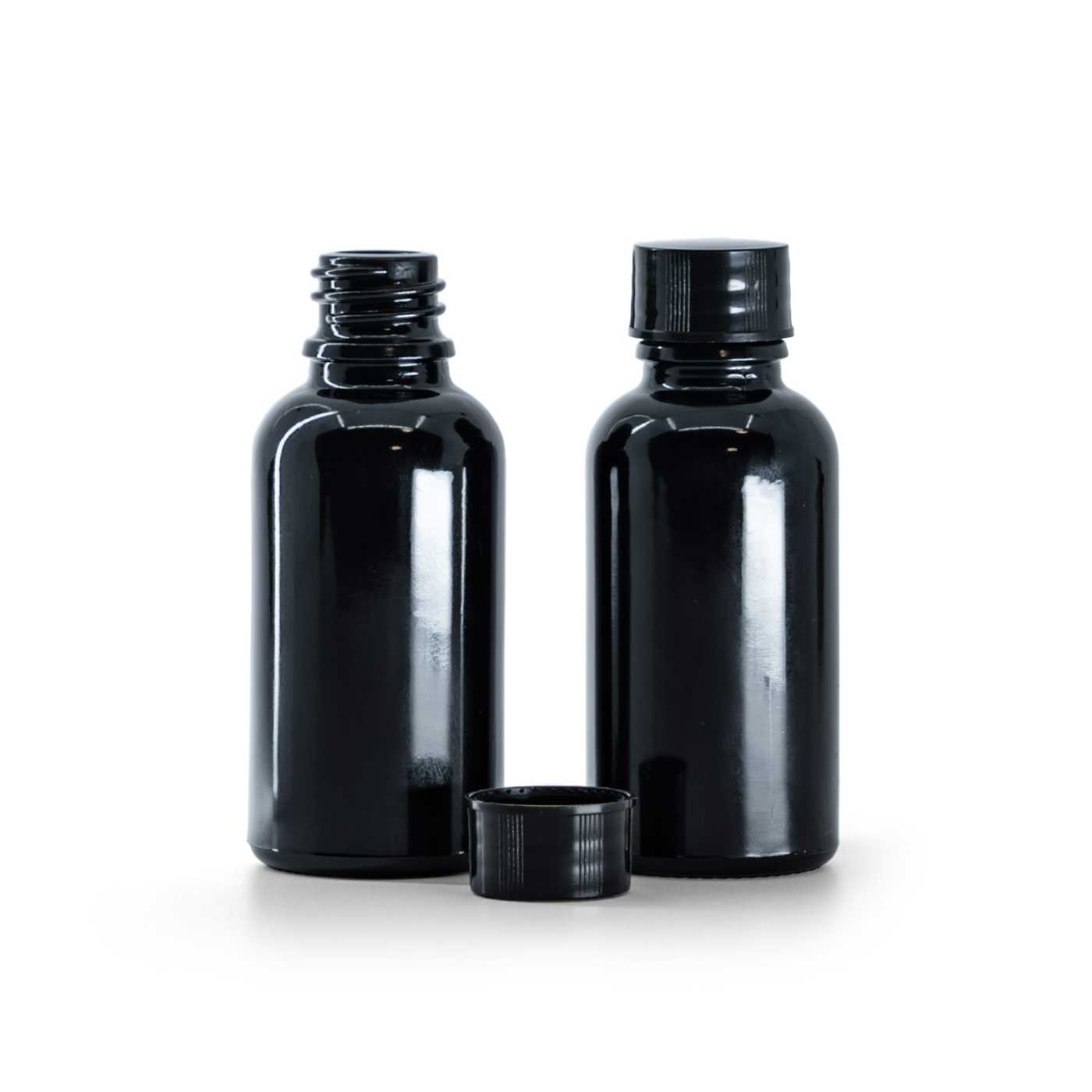 Butelka szklana czarna błyszcząca, nakrętka czarna, 30 ml