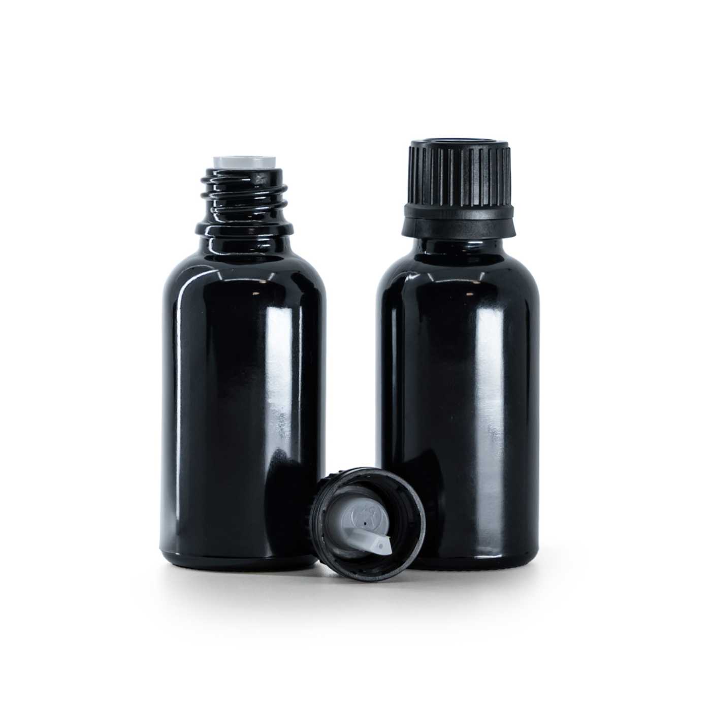 Butelka szklana czarna błyszcząca, nakrętka czarna z kroplomierzem, 30 ml