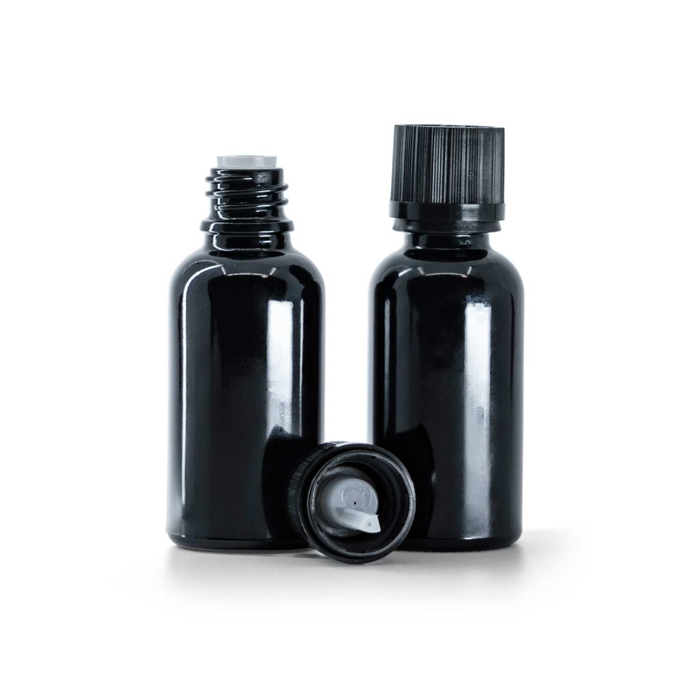 Skleněná lahvička, černá lesklá, černý bezpečnostní uzávěr s kapátkem, 30 ml