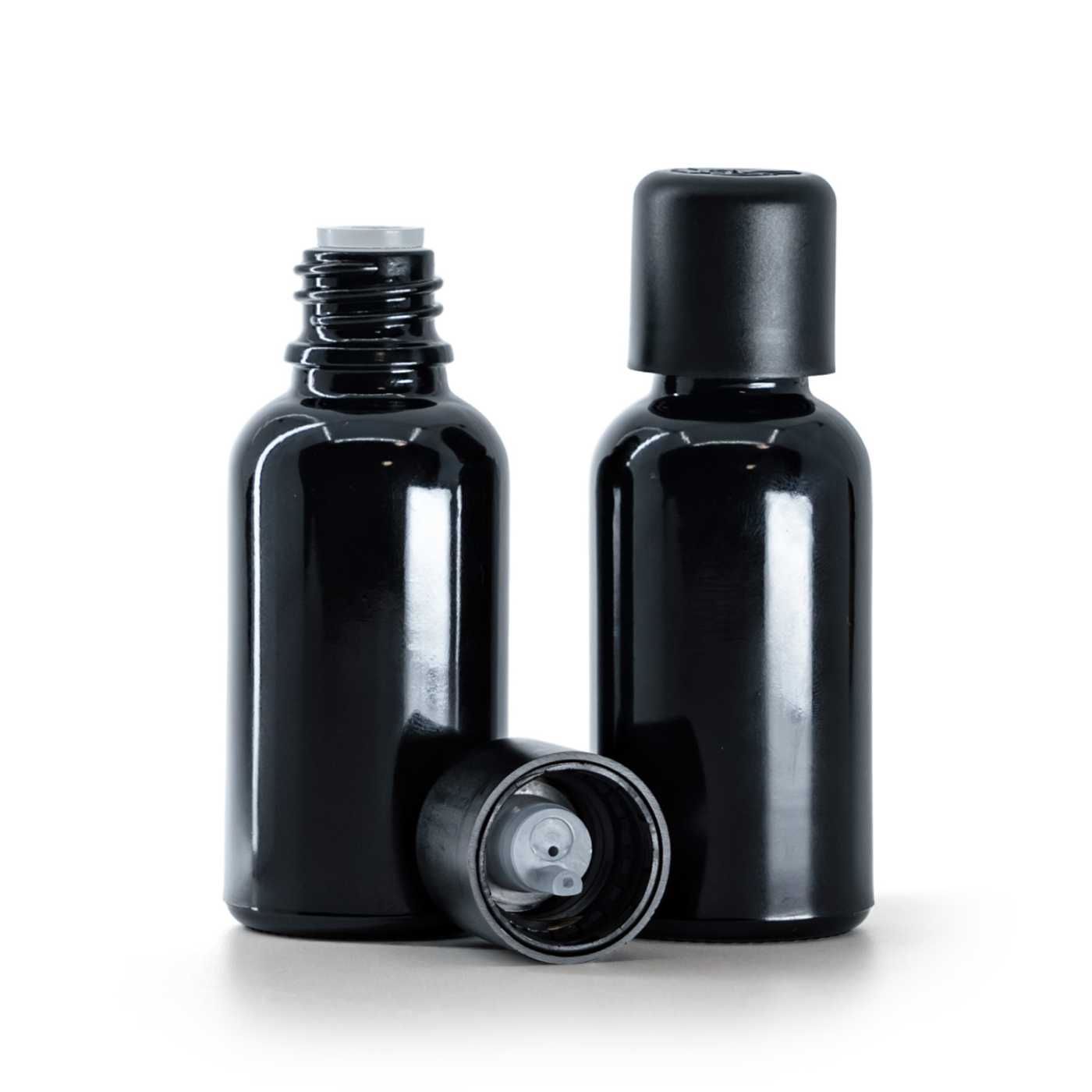Lesklá černá skleněná lahvička, černý bezpečnostní kapací uzávěr s pojistkou, 30 ml