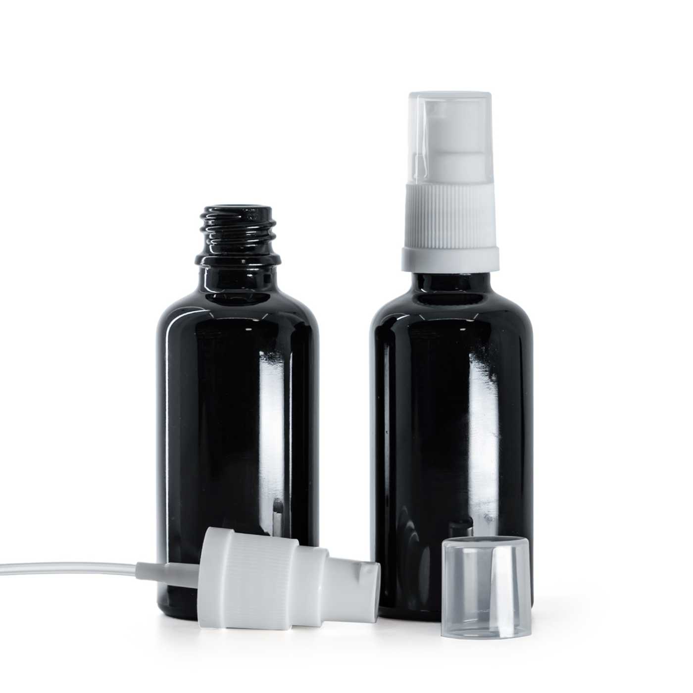 Sklenená fľaška, čierna lesklá, biely dávkovač, 50 ml