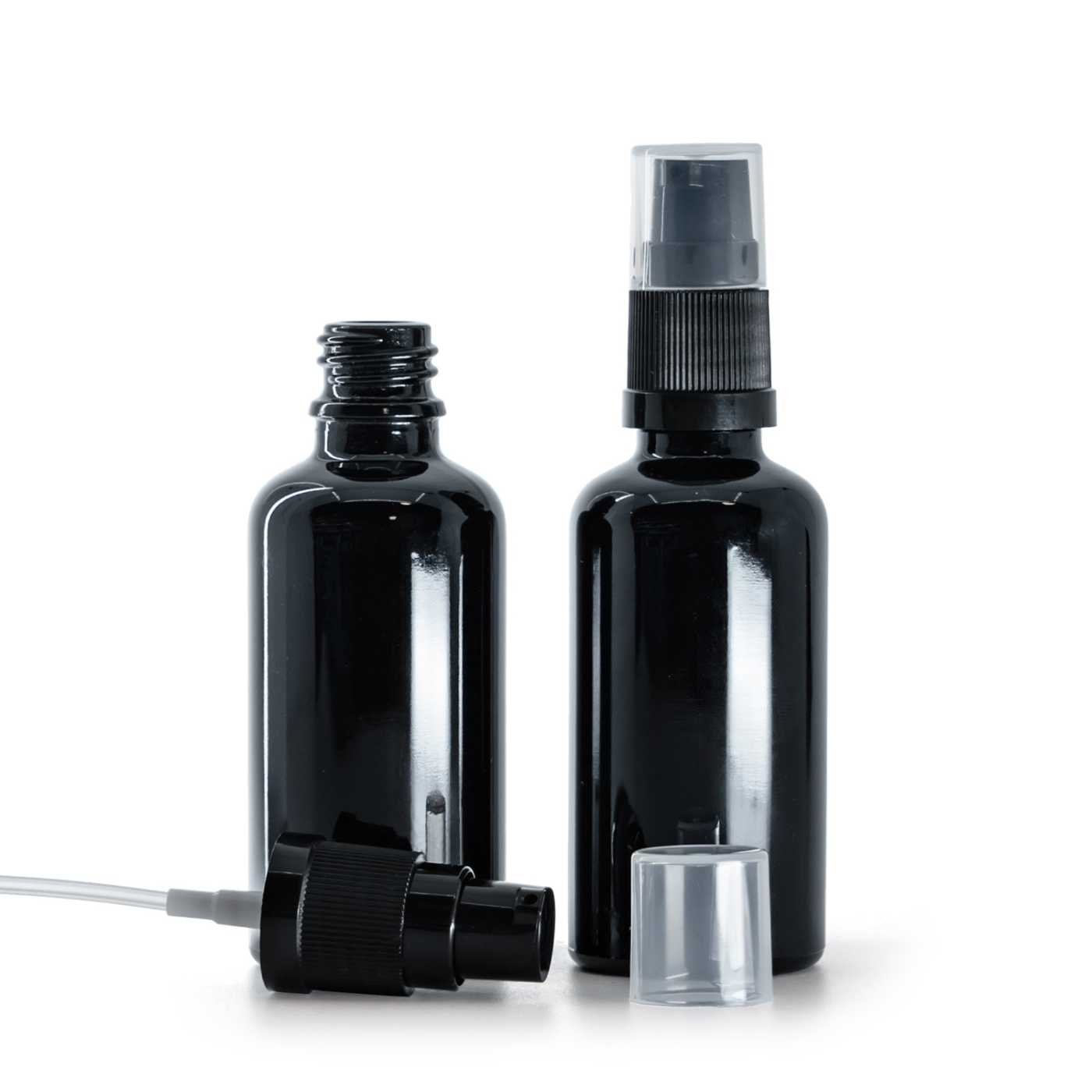 Skleněná lahvička lesklá černá, dávkovač krému, 50 ml
