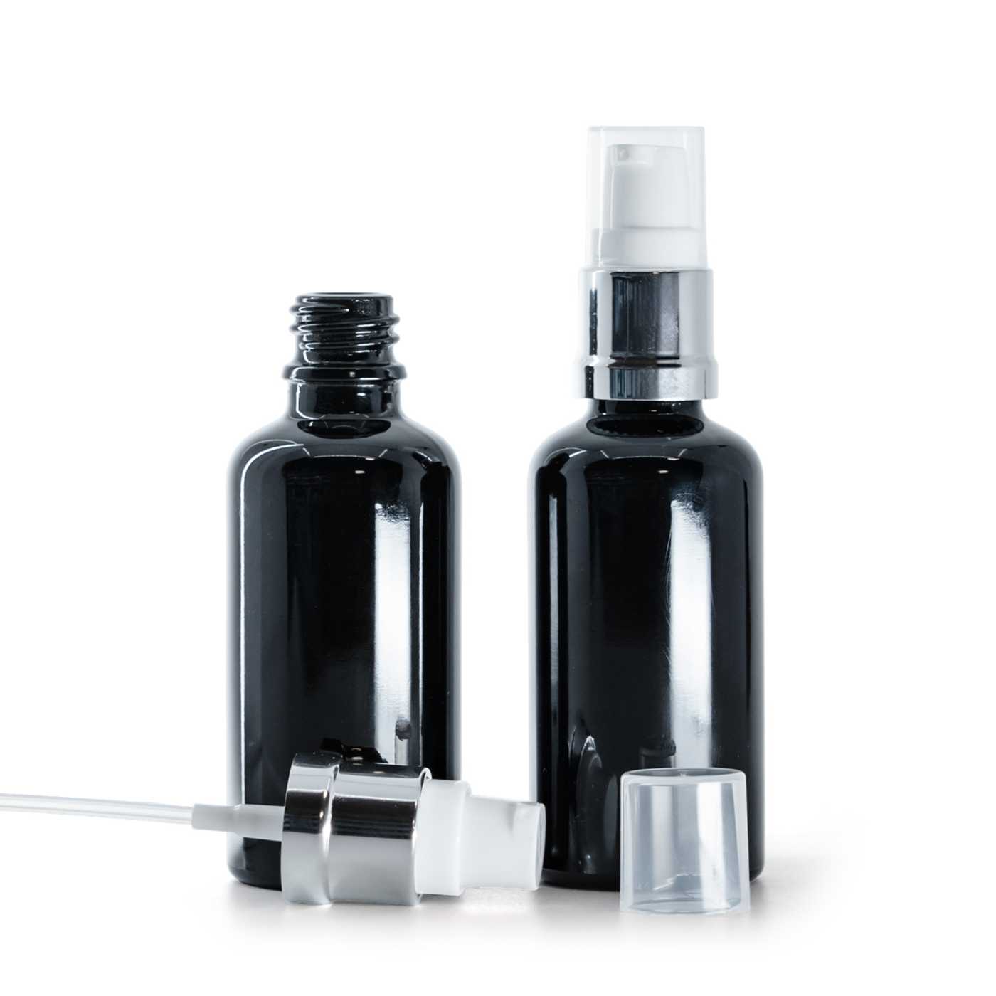 Sklenená fľaška, čierna lesklá, bielo-strieborný lesklý dávkovač, 50 ml