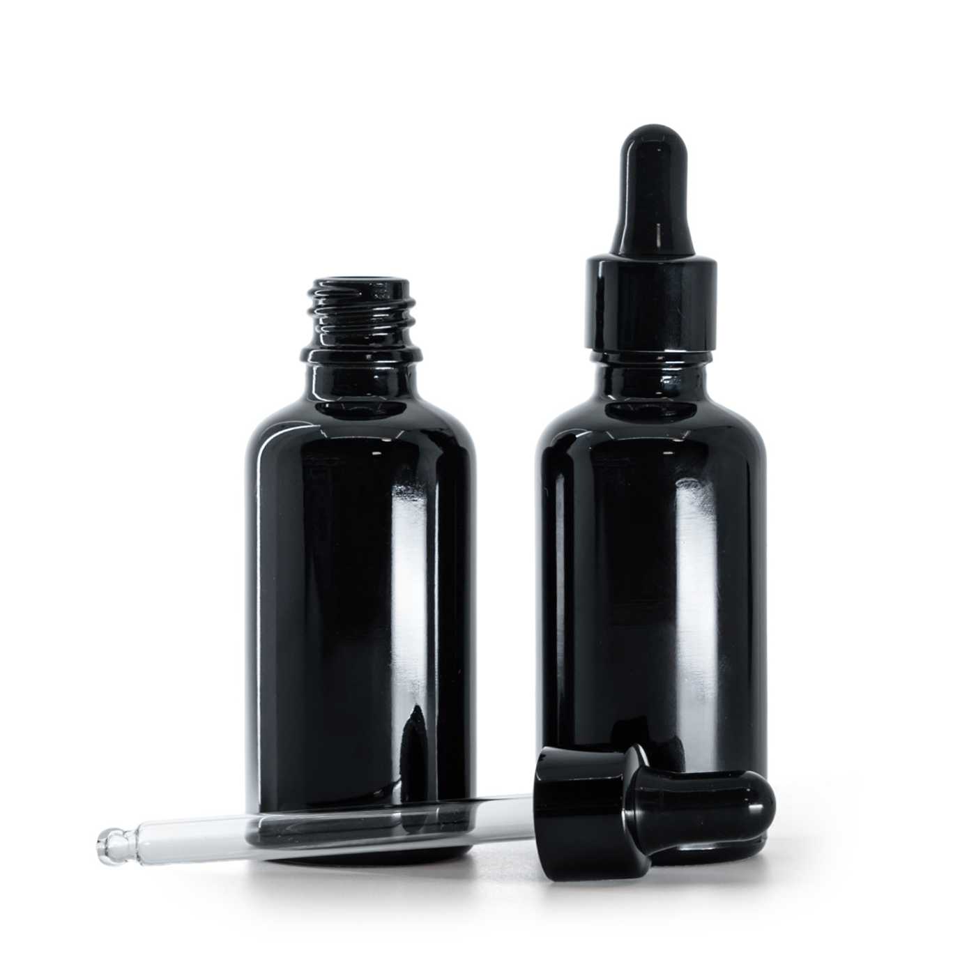 Sklenená fľaška, čierna lesklá, čierne lesklé kvapátko, 50 ml