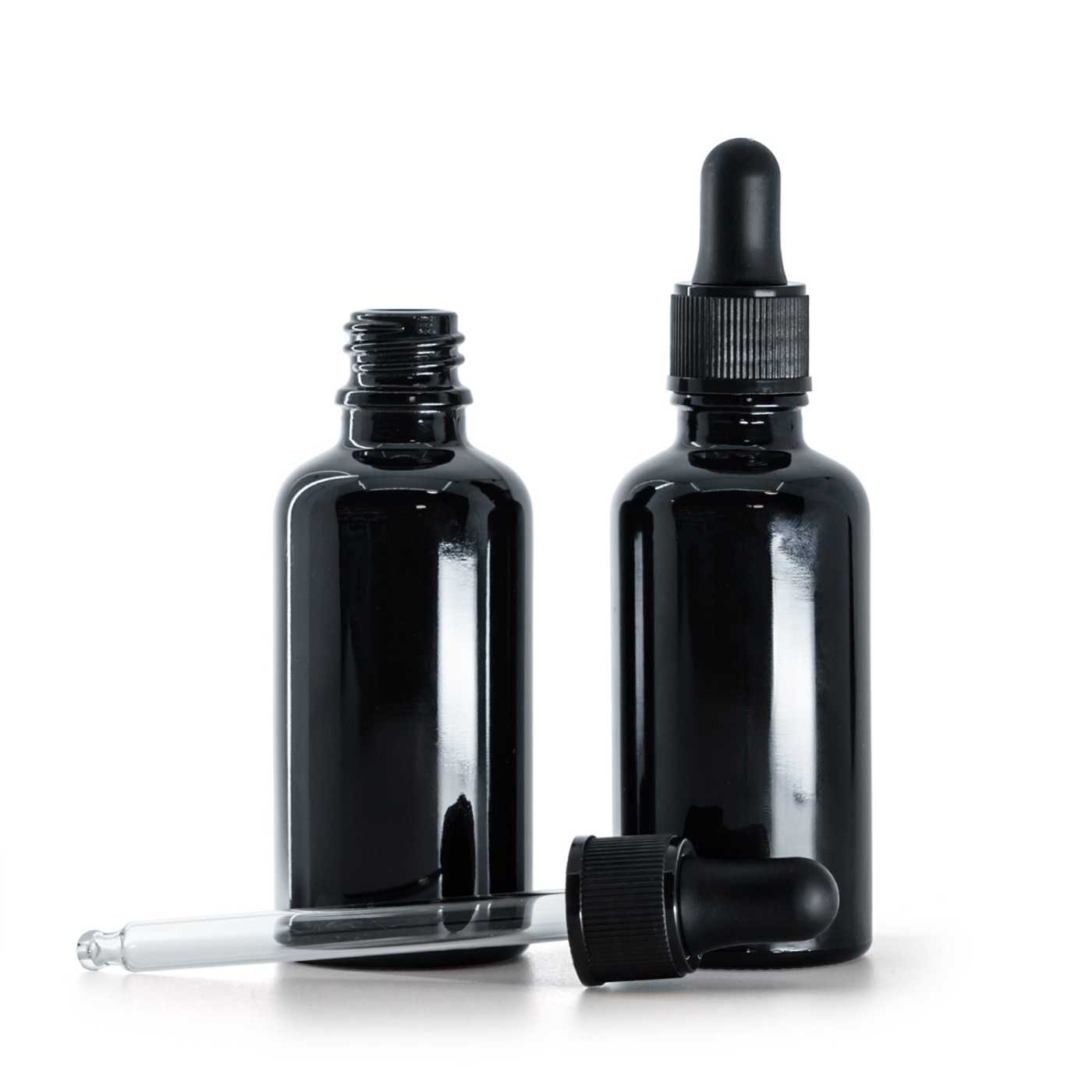 Butelka szklana czarna błyszcząca, kroplomierz czarny matowy, 50 ml