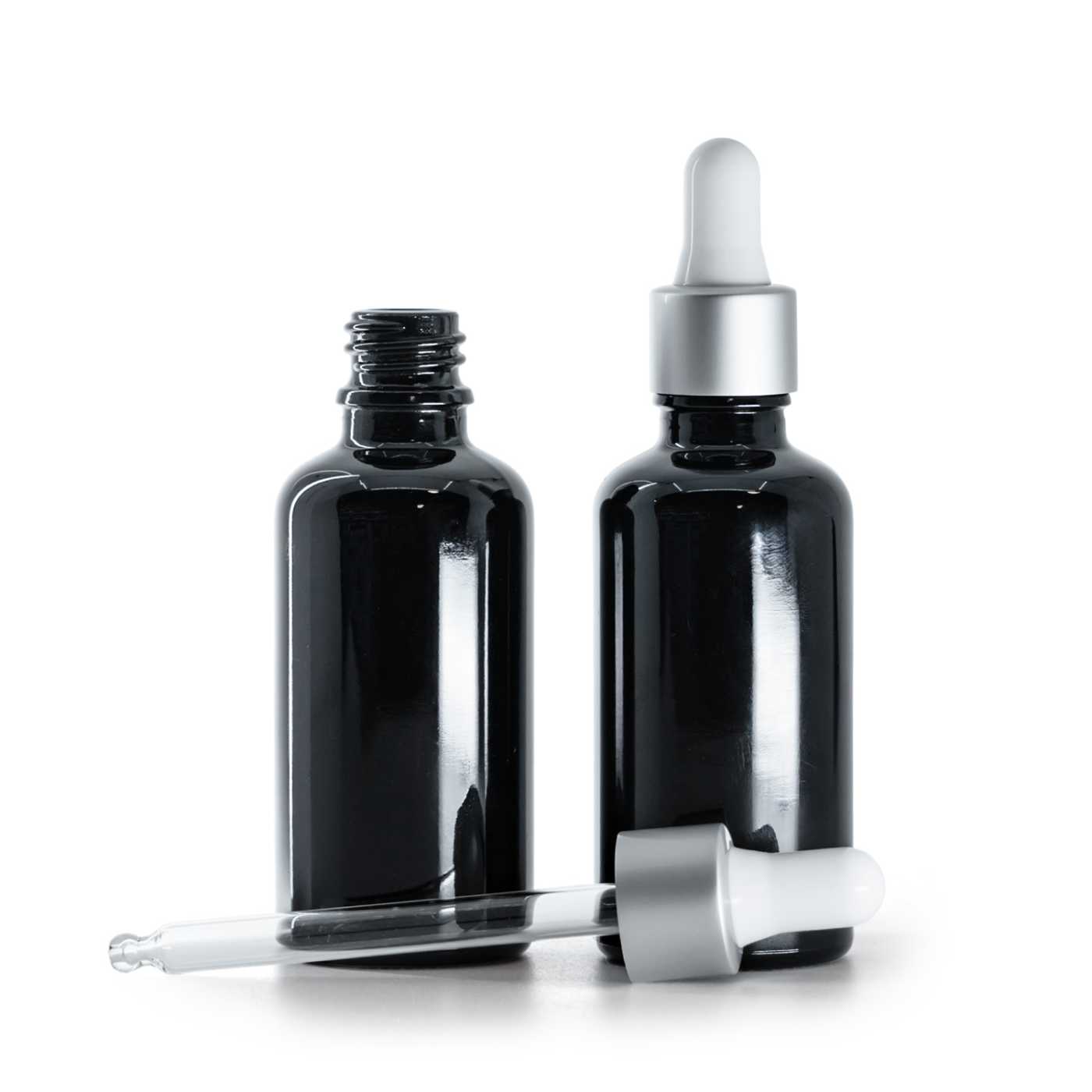 Butelka szklana czarna błyszcząca, kroplomierz srebrny matowy, 50 ml