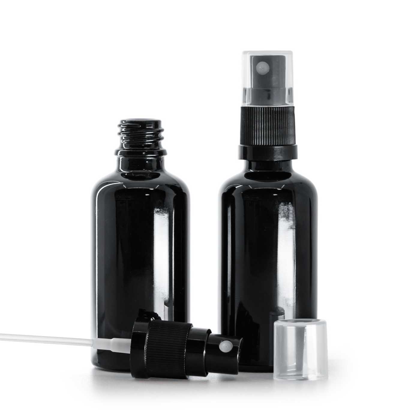 Butelka szklana czarna błyszcząca, atomizer czarny, 50 ml