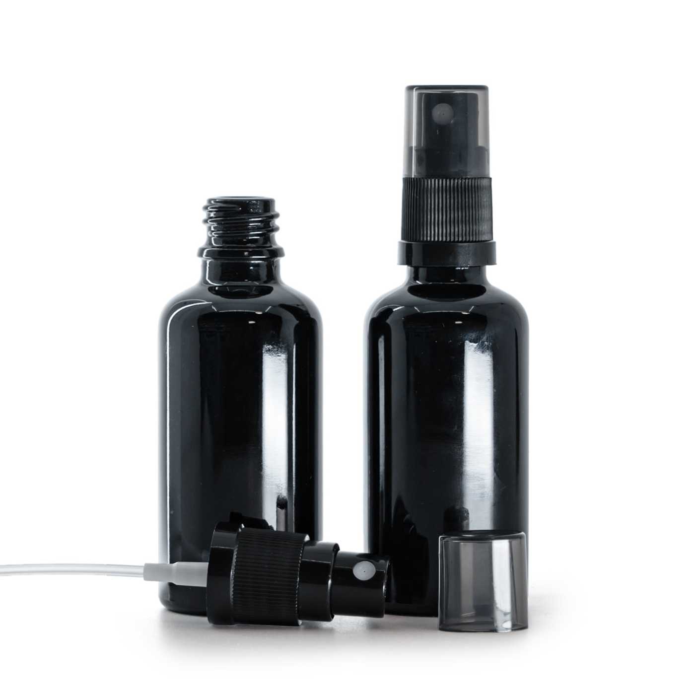 Butelka szklana czarna błyszcząca, atomizer czarny, przydymiony kapturek, 50 ml