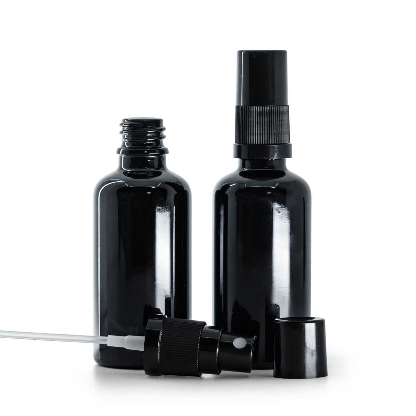 Butelka szklana czarna błyszcząca, atomizer czarny, czarny kapturek, 50 ml