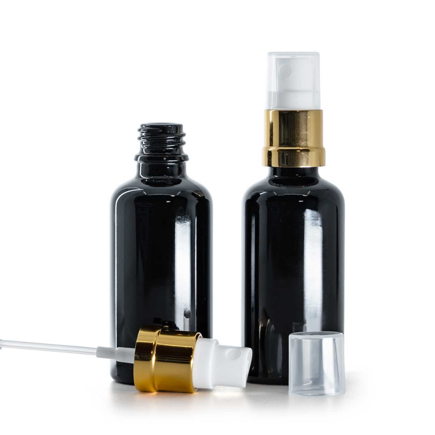 Butelka szklana, czarna błyszcząca, biało-złoty atomizer, 50 ml