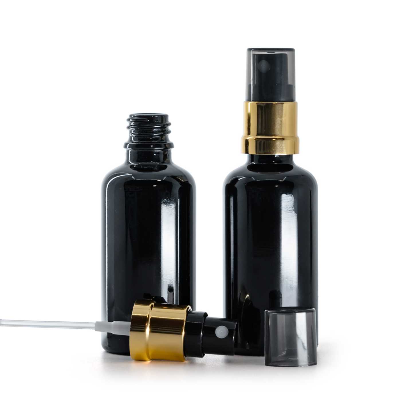 Butelka szklana, czarna błyszcząca, czarno-złoty atomizer, przydymiona nasadka, 50 ml