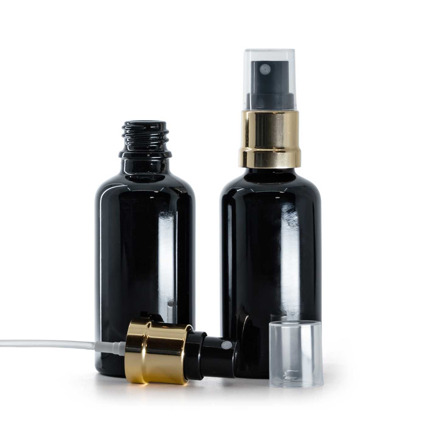 Butelka szklana, czarna błyszcząca, czarno-złoty atomizer, 50 ml