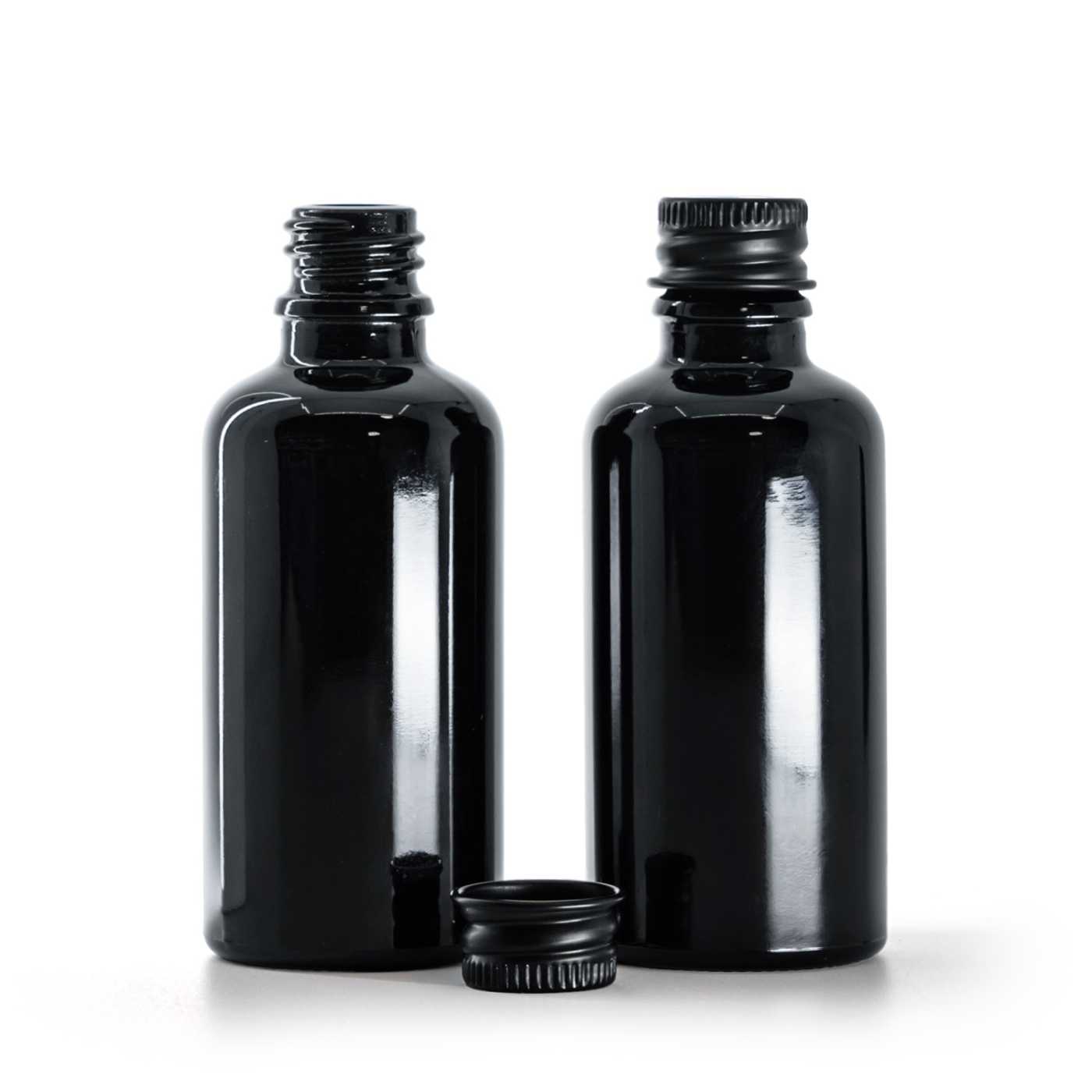 Butelka szklana, czarna błyszcząca, czarna nakrętka aluminiowa, 50 ml