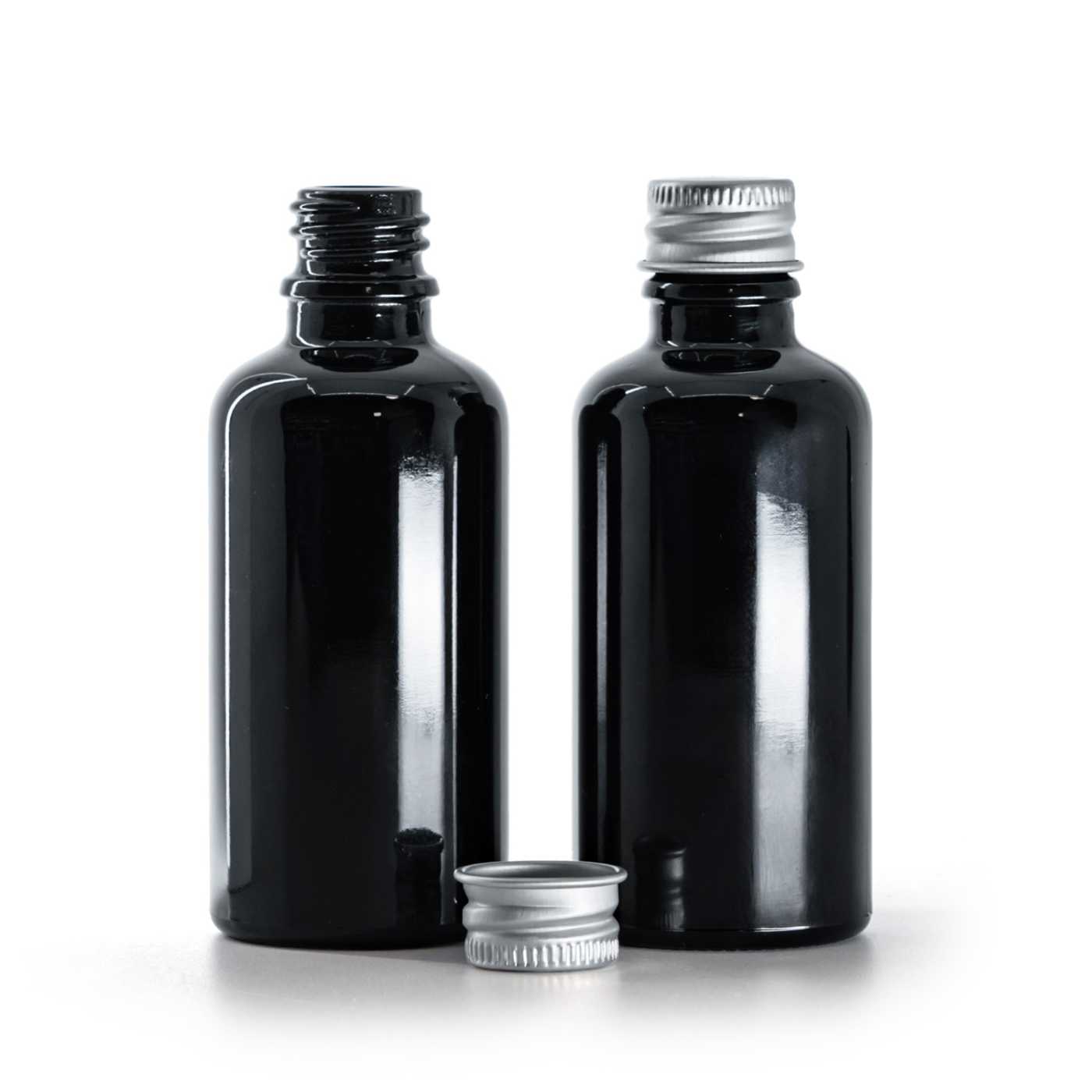 Butelka szklana, czarna błyszcząca, nakrętka aluminiowa, 50 ml