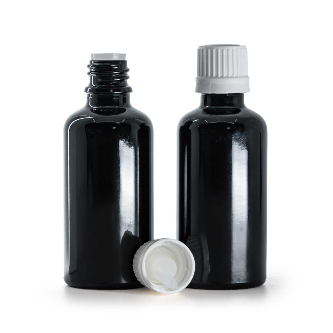 Sklenená fľaška, čierna lesklá, biely vrchnák s kvapátkom, 50 ml