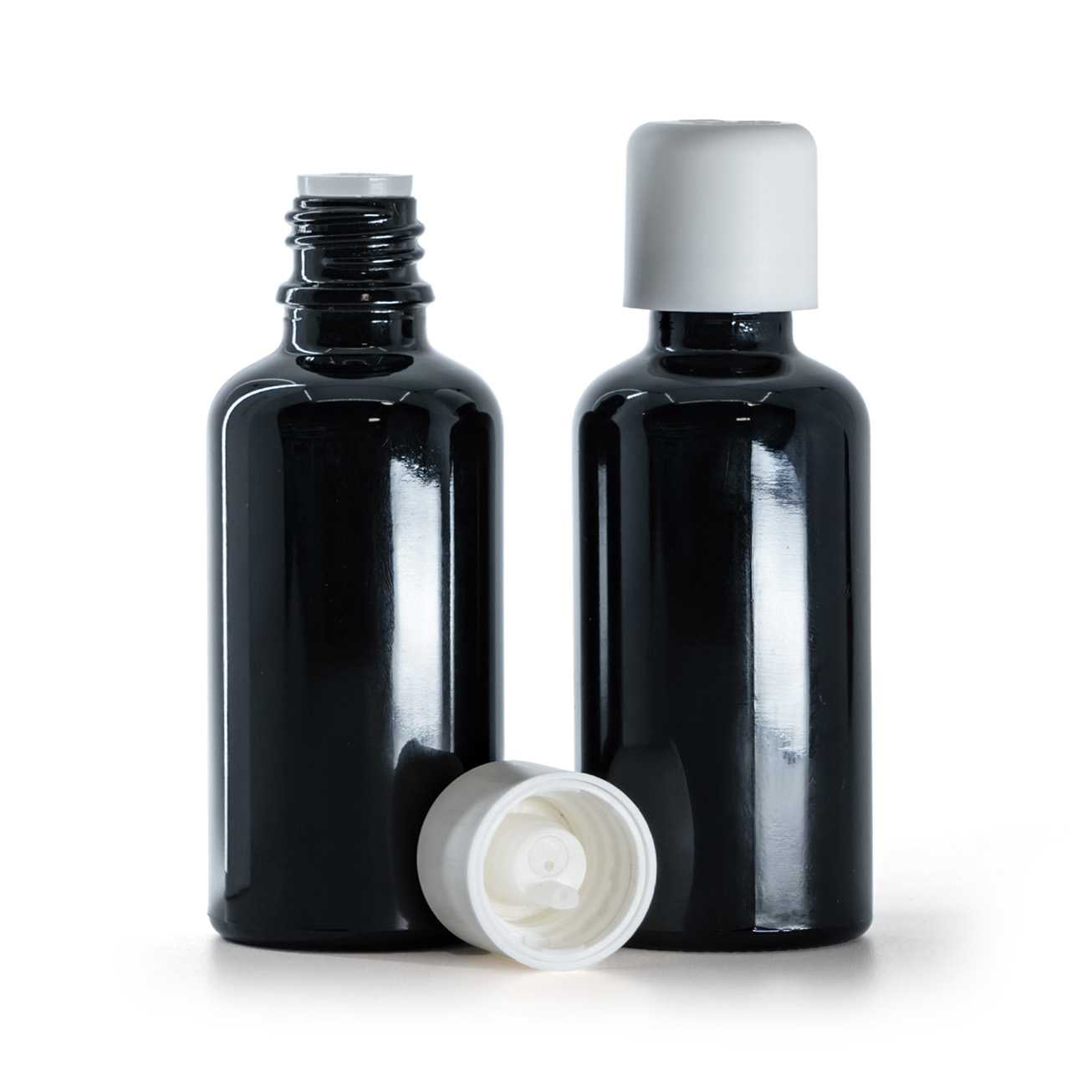 Butelka szklana, czarna błyszcząca, biała nakrętka z zabezpieczeniem, 50 ml