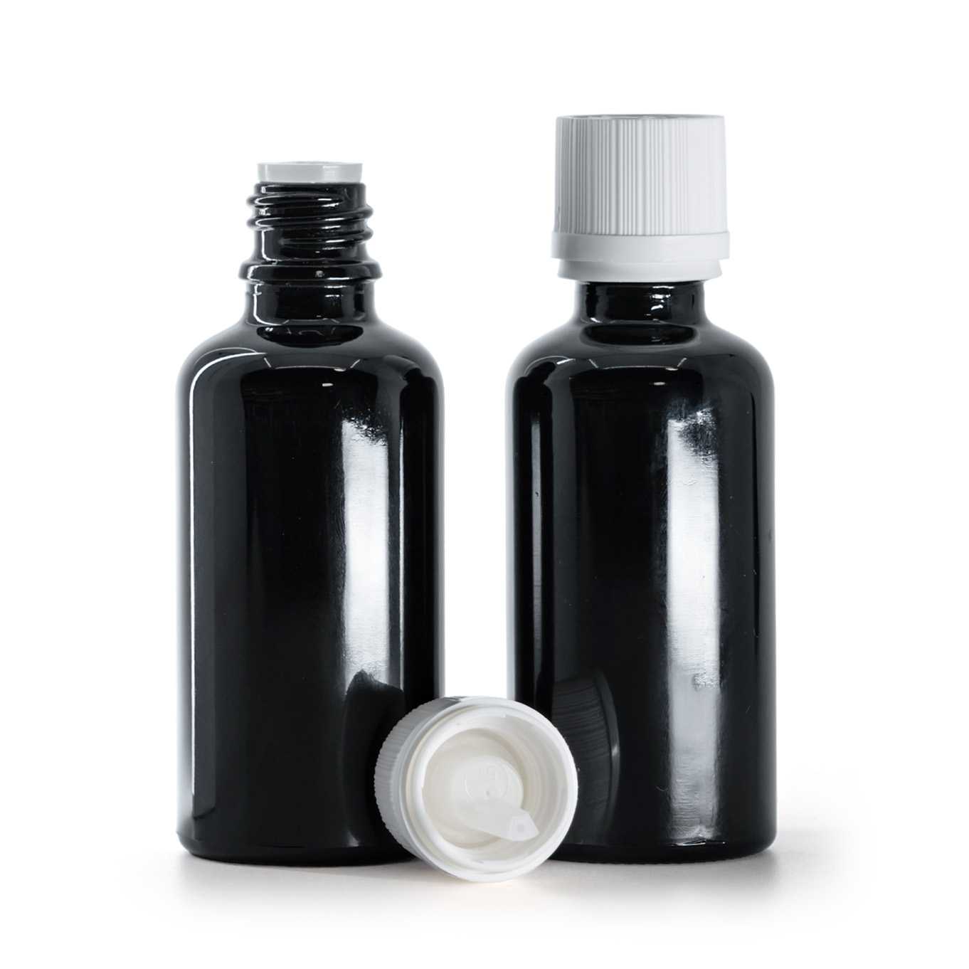 Butelka szklana, czarna błyszcząca, biała żebrowana nakrętka z zabezpieczeniem, 50 ml