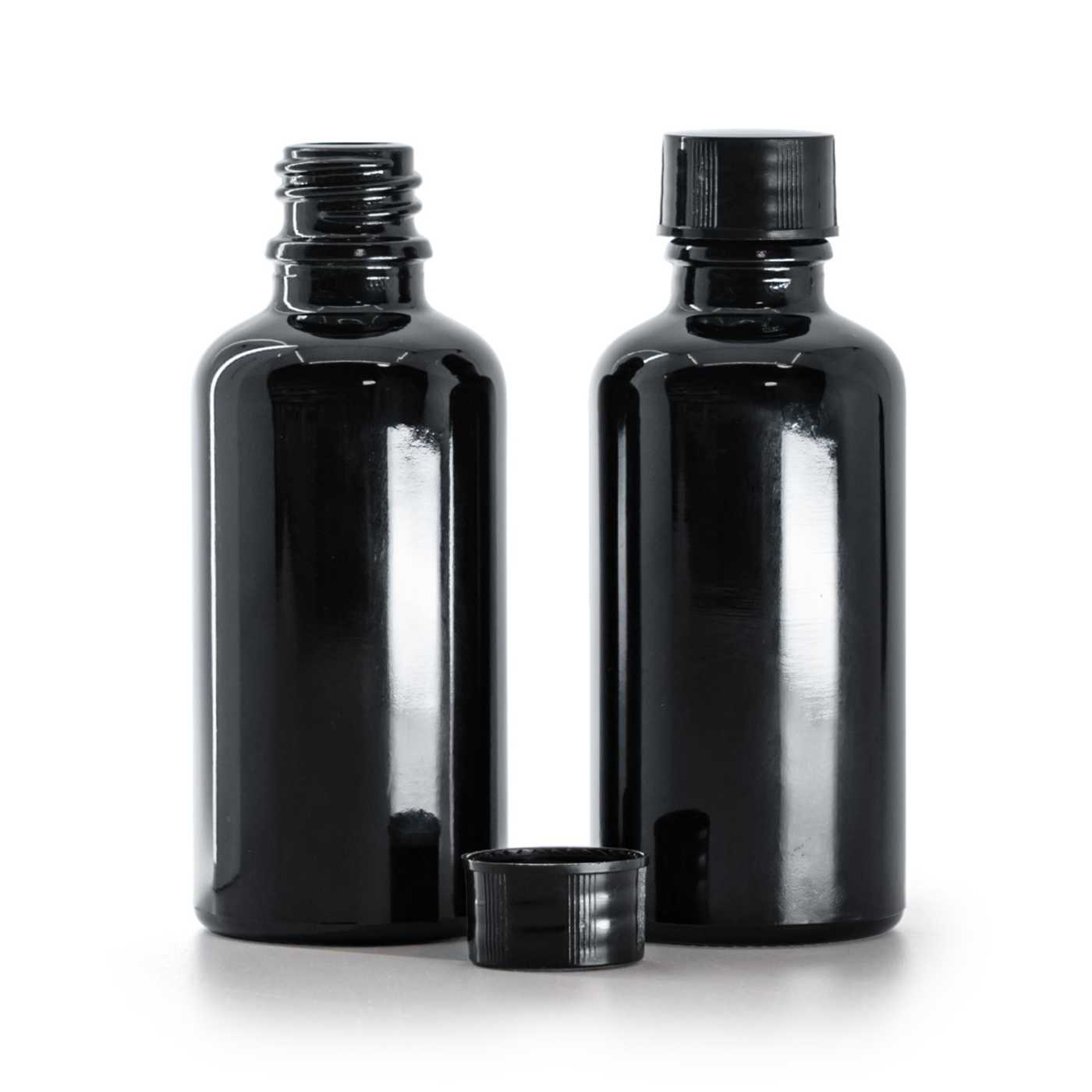 Butelka szklana czarna błyszcząca, nakrętka czarna, 50 ml