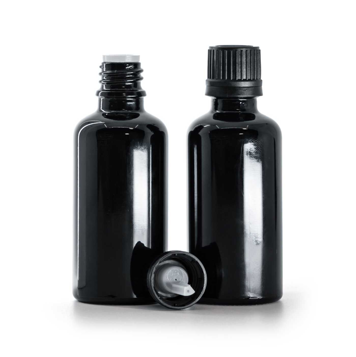 Butelka szklana czarna błyszcząca, nakrętka czarna z kroplomierzem, 50 ml