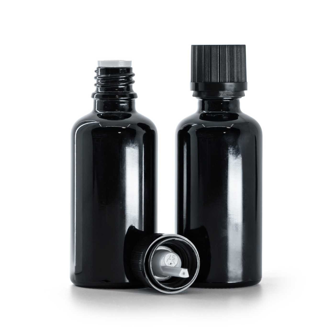 Butelka szklana, czarna błyszcząca, czarna nakrętka ryflowana z zabezpieczeniem, 50 ml