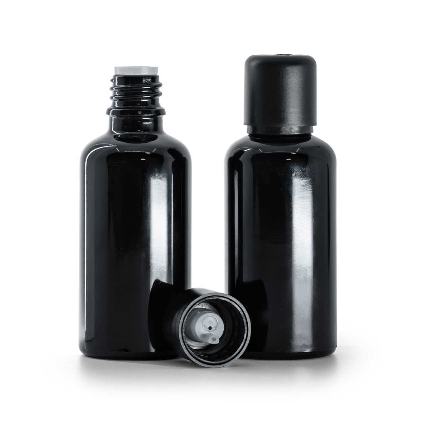 Butelka szklana czarna błyszcząca, nakrętka czarna z zabezpieczeniem, 50 ml
