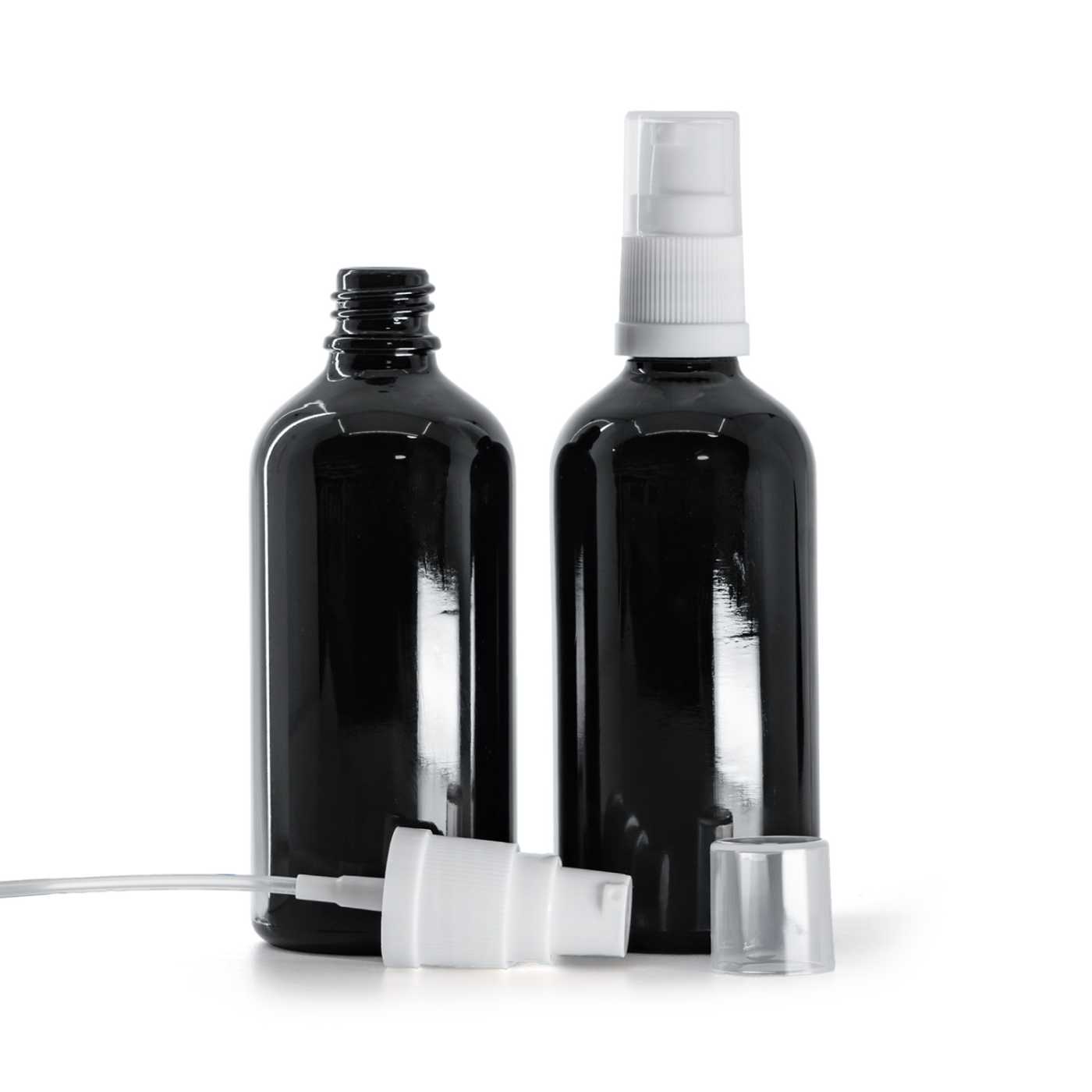 Sklenená fľaška, čierna lesklá, biely dávkovač, 100 ml