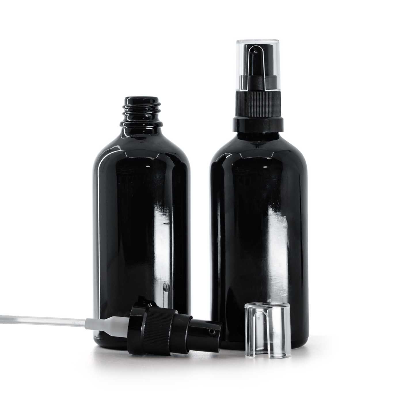 Butelka szklana, czarna błyszcząca, pompka do olejów, 100 ml