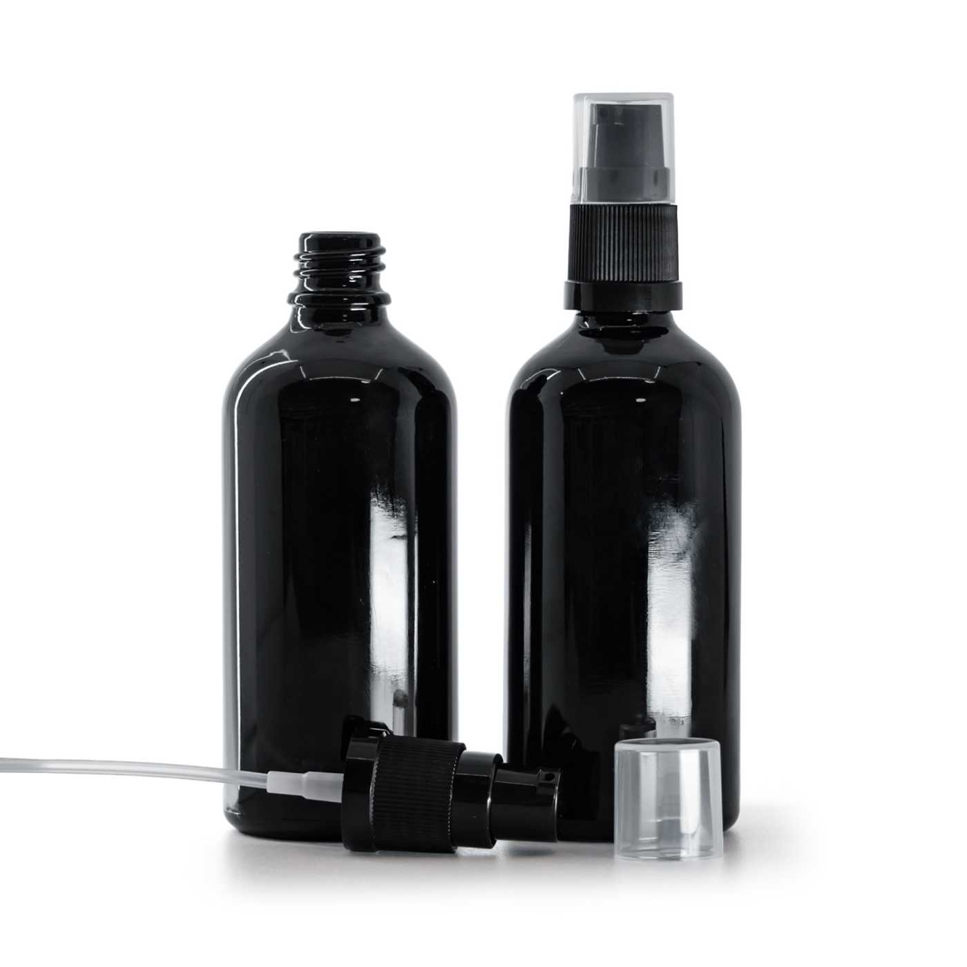 Skleněná láhev černá lesklá, dávkovač krémů, 100 ml
