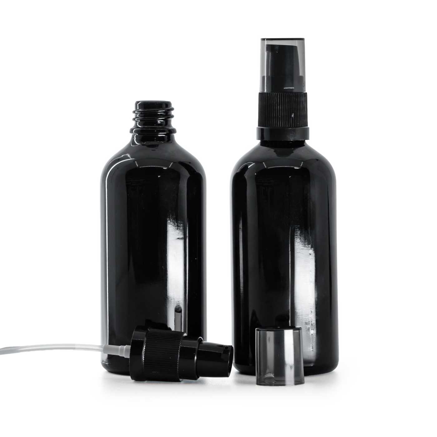 Butelka szklana, czarna błyszcząca, pompka do kremu z przydymioną nakładką, 100 ml
