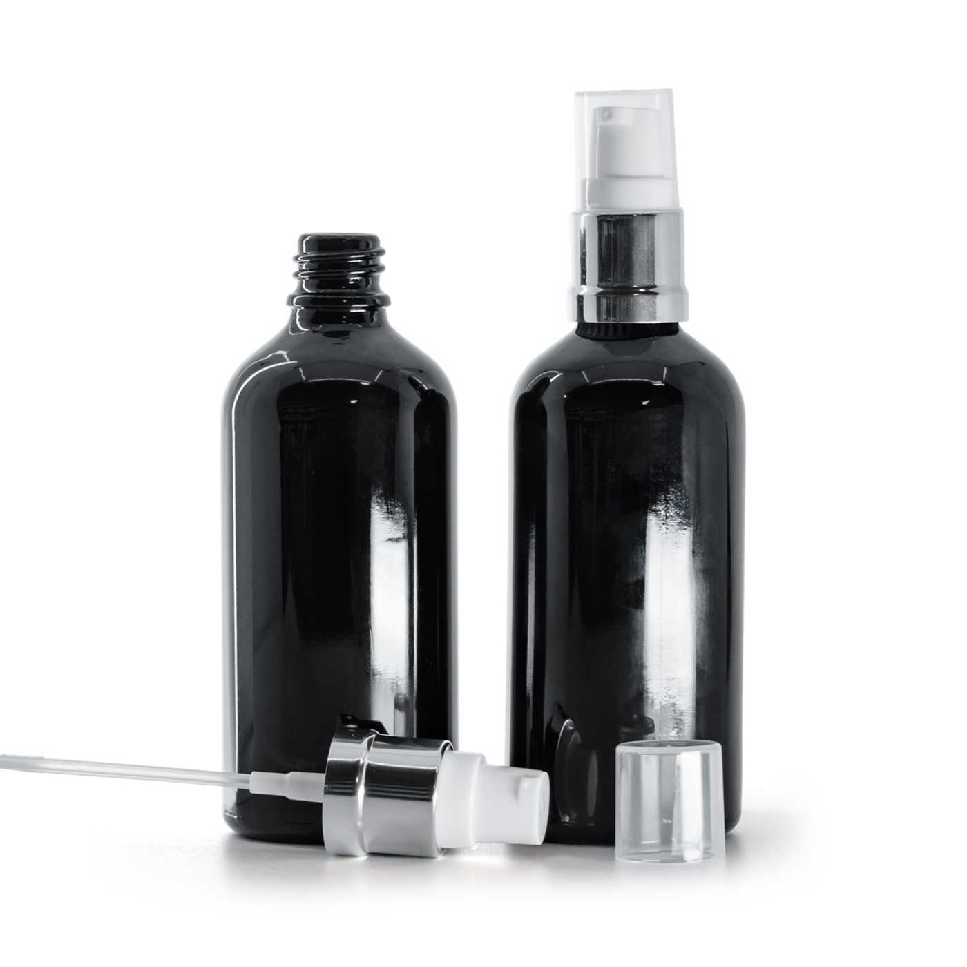 Sklenená fľaška, čierna lesklá, bielo-strieborný lesklý dávkovač, 100 ml