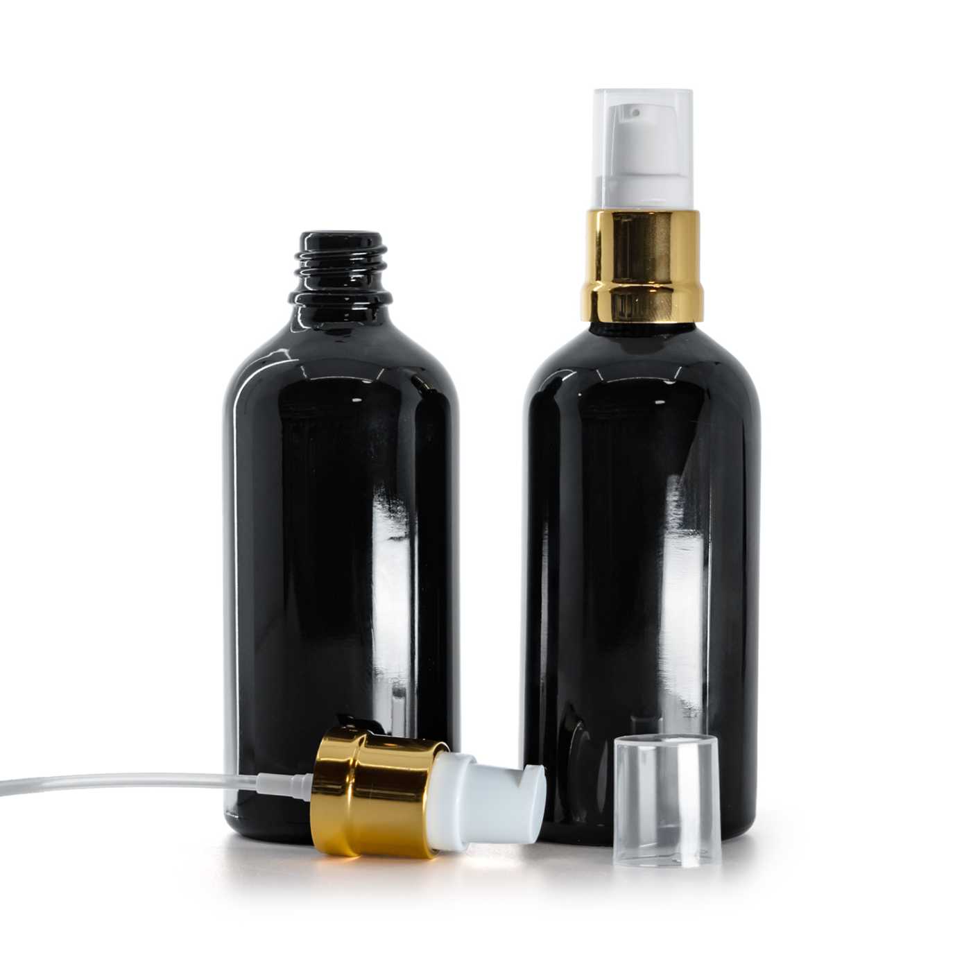 Sklenená fľaška, čierna lesklá, bielo-zlatý lesklý dávkovač, 100 ml