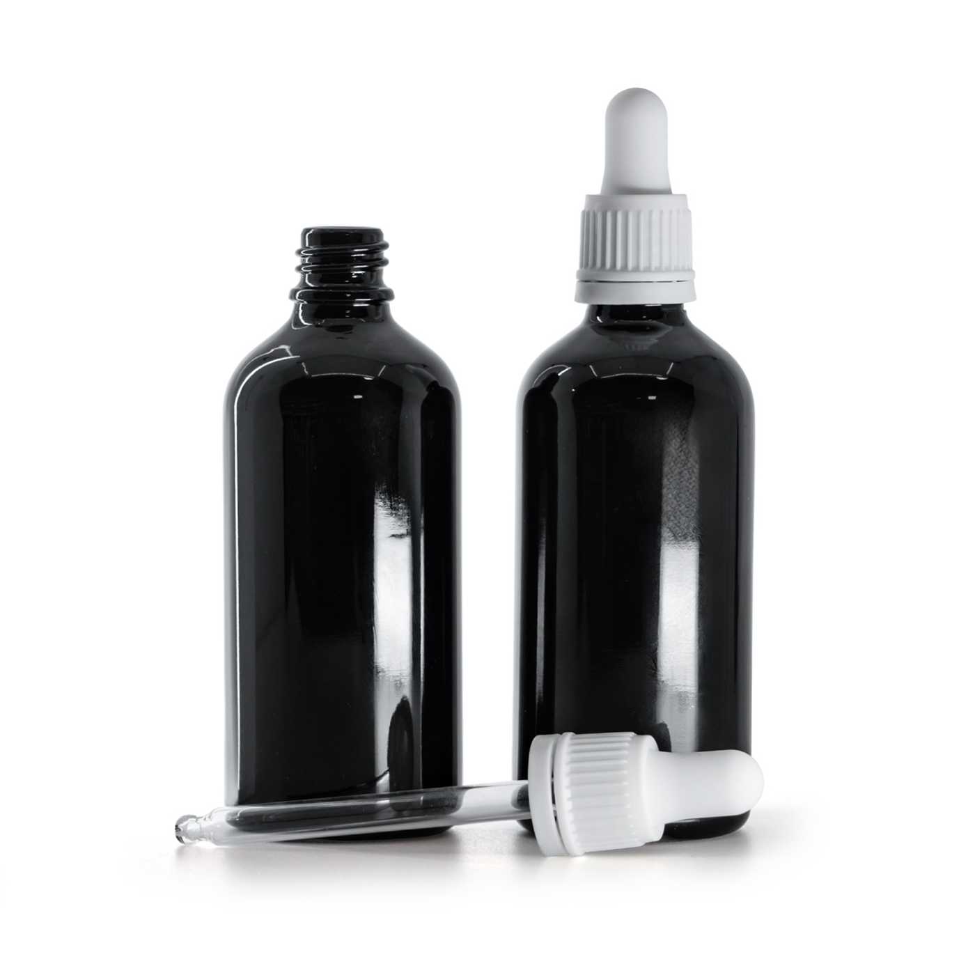 Sklenená fľaška, čierna lesklá, biele kvapátko 100 ml