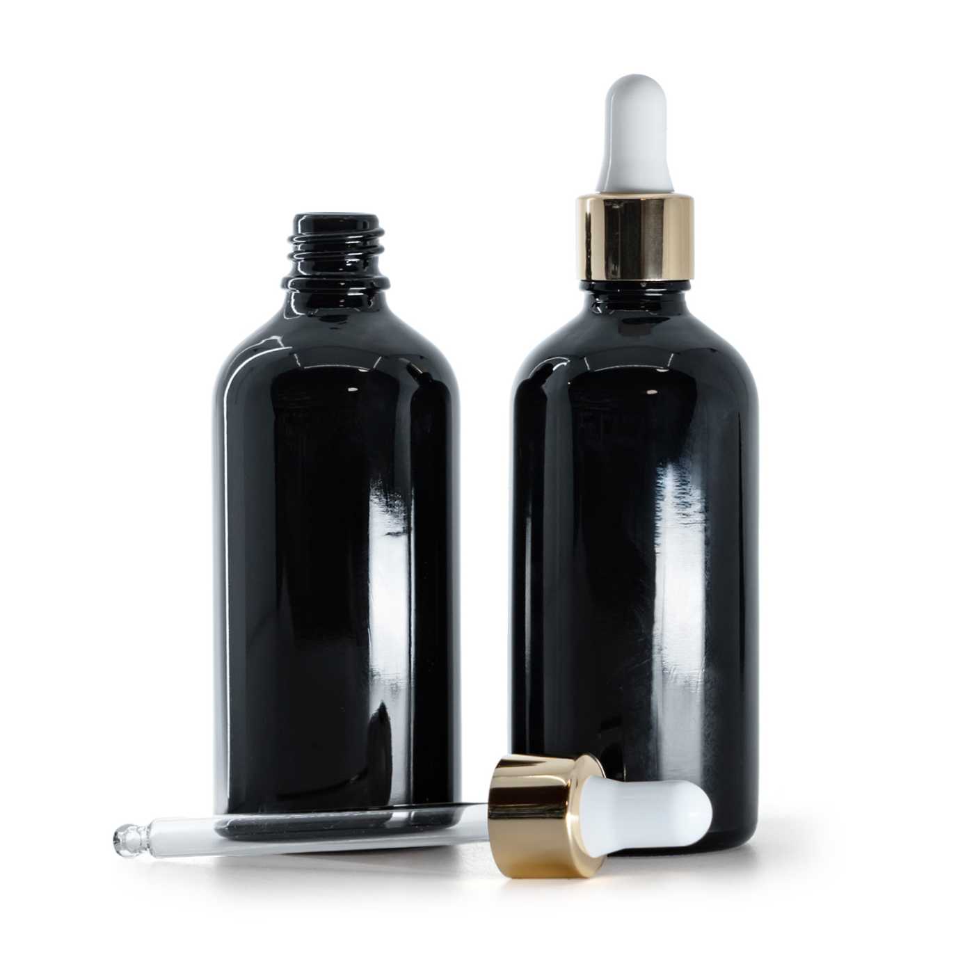 Sklenená fľaška, čierna lesklá, bielo-zlaté kvapátko, 100 ml