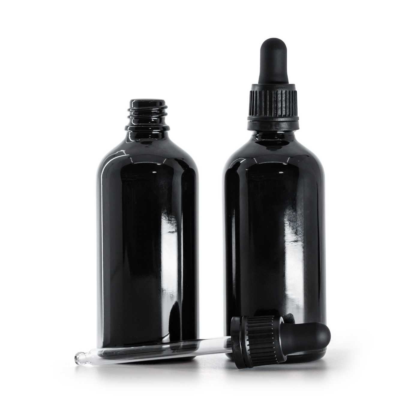 Butelka szklana, czarna błyszcząca, czarny kroplomierz, 100 ml