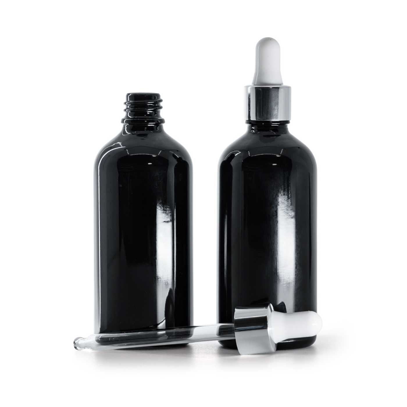 Butelka szklana czarna błyszcząca, kroplomierz srebrny błyszczący, 100 ml