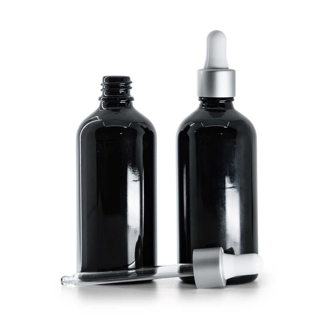Butelka szklana czarna błyszcząca, kroplomierz srebrny matowy, 100 ml
