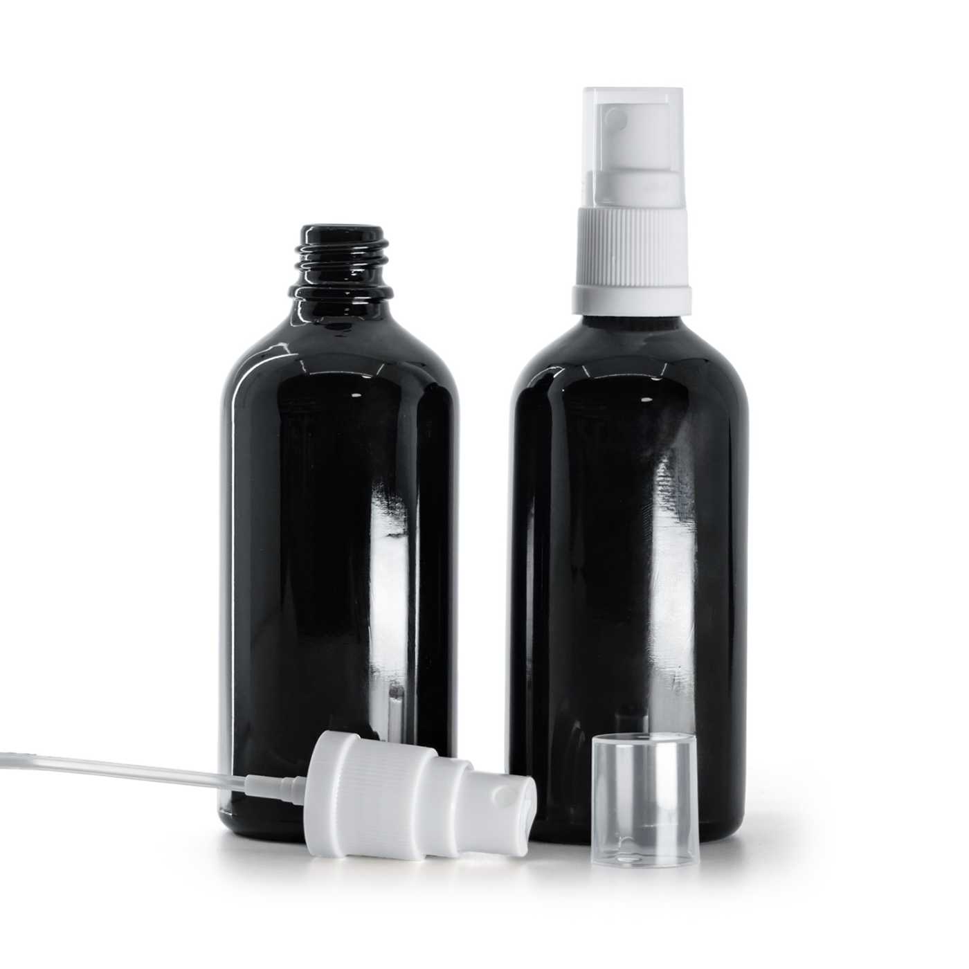 Butelka szklana, czarna błyszcząca, biały atomizer, 100 ml