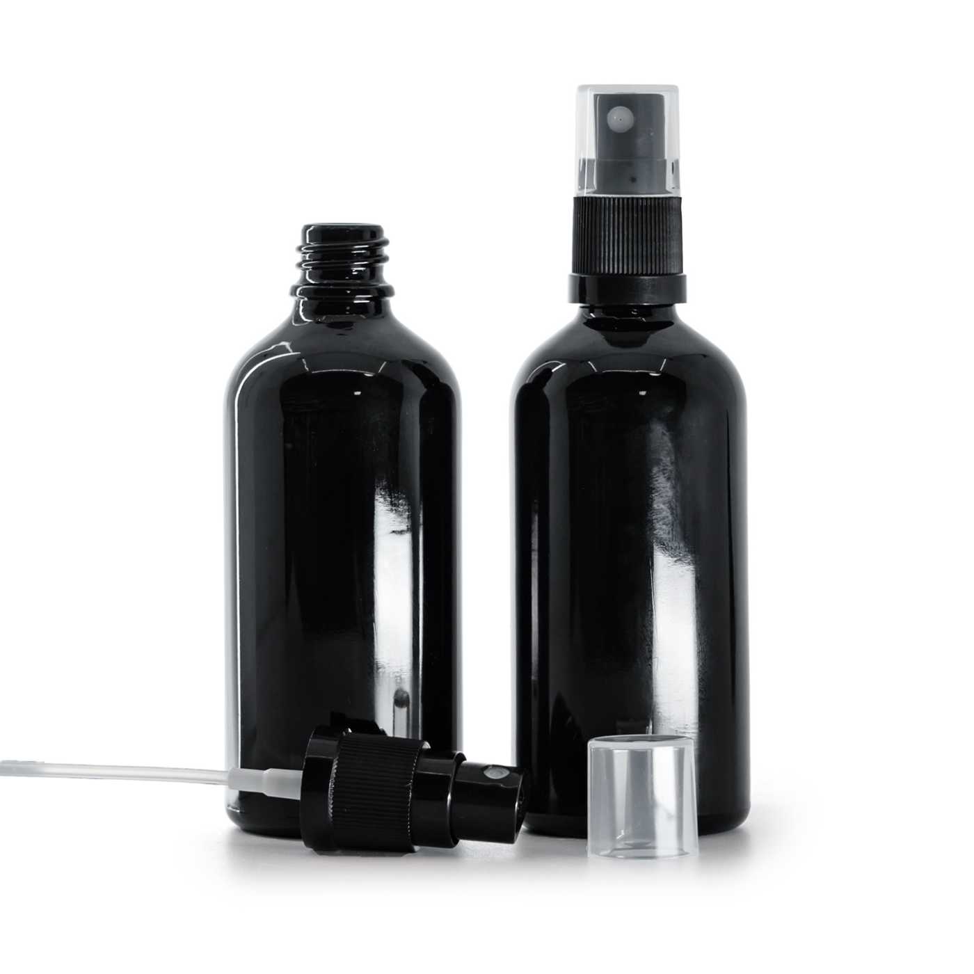 Butelka szklana, czarna błyszcząca, czarny atomizer, 100 ml