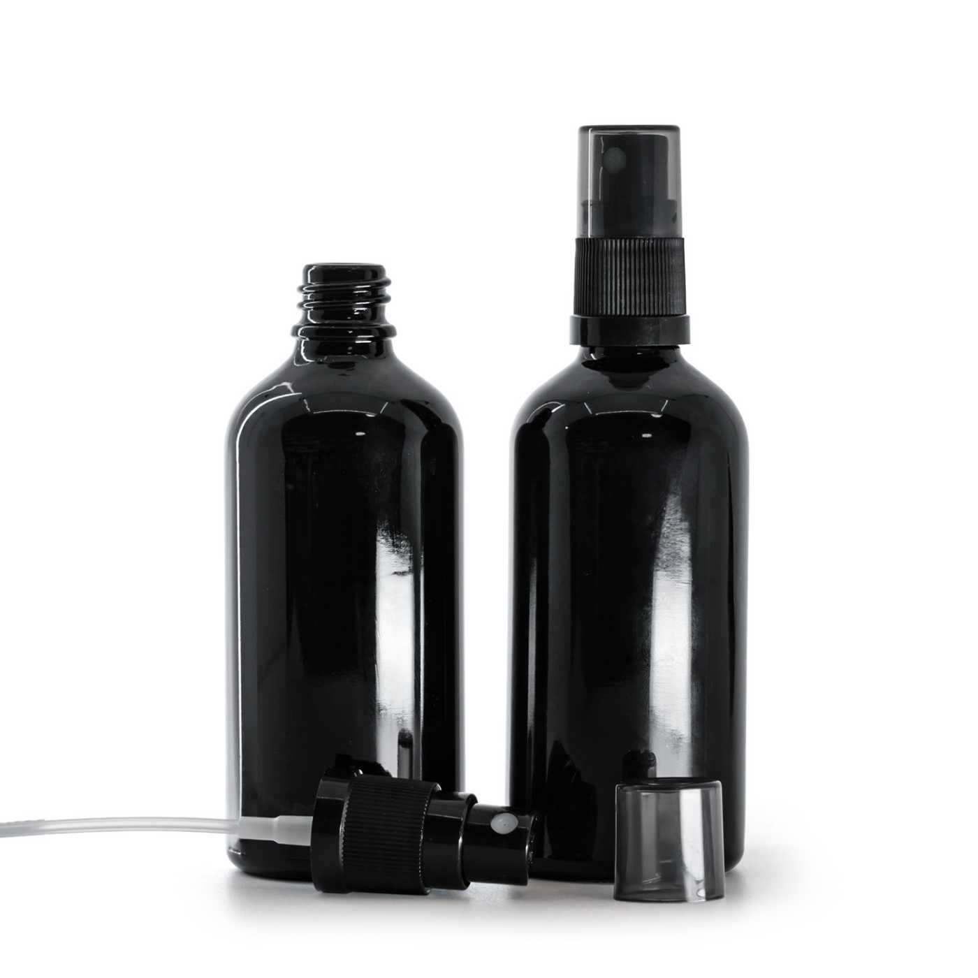 Sklenená fľaška, čierna lesklá, čierny rozprašovač, dymový kryt, 100 ml