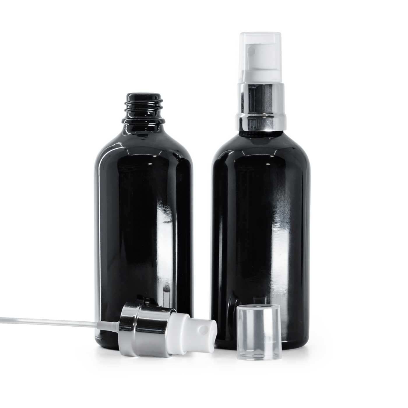 Sklenená fľaška, čierna lesklá, bielo-strieborný rozprašovač, 100ml