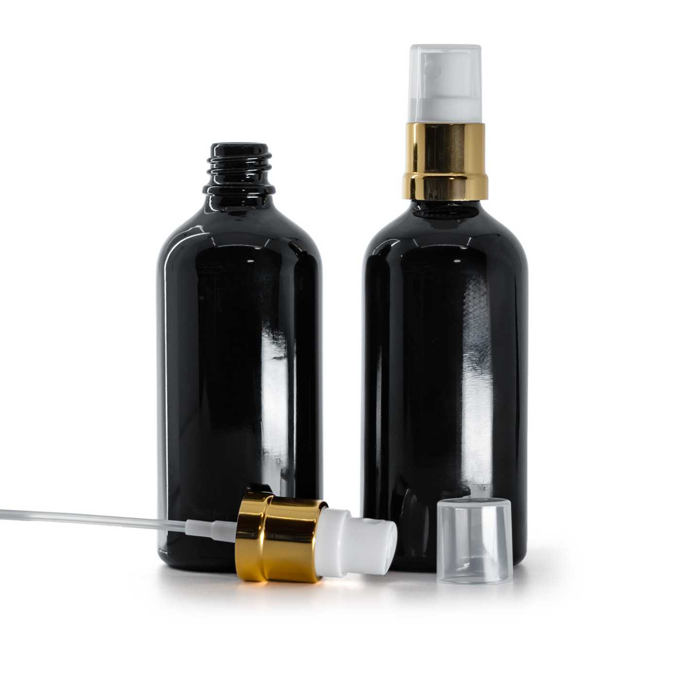 Sklenená fľaška, čierna lesklá, bielo-zlatý rozprašovač, 100ml