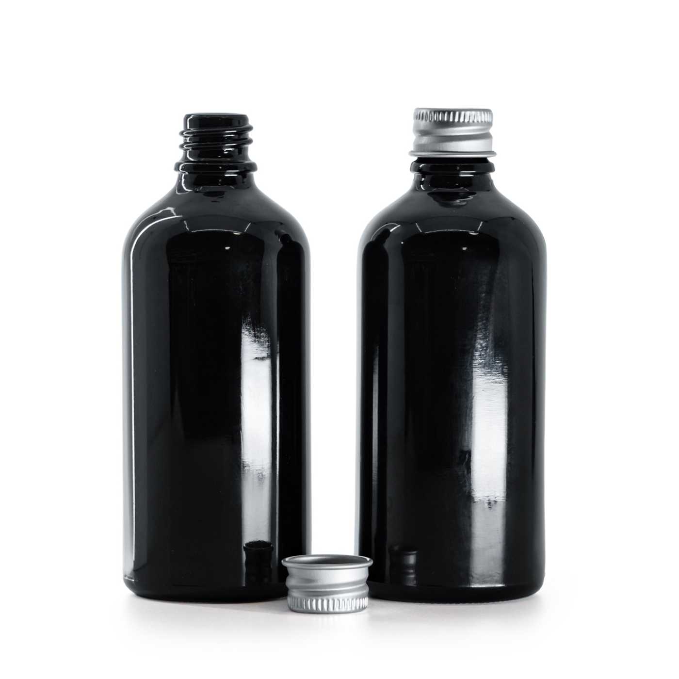 Butelka szklana, czarna błyszcząca, nakrętka aluminiowa, 100 ml