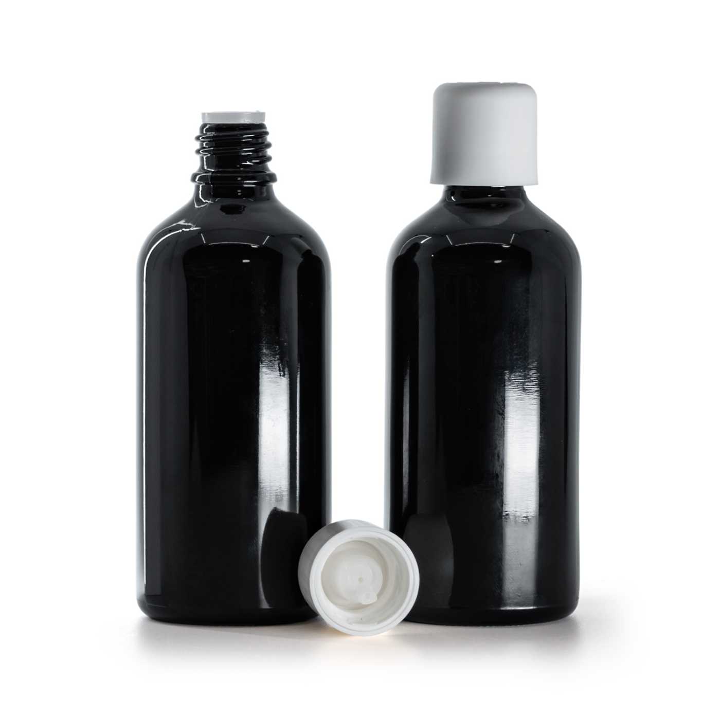Sklenená fľaška, čierna lesklá, biely vrchnák s poistkou, 100 ml