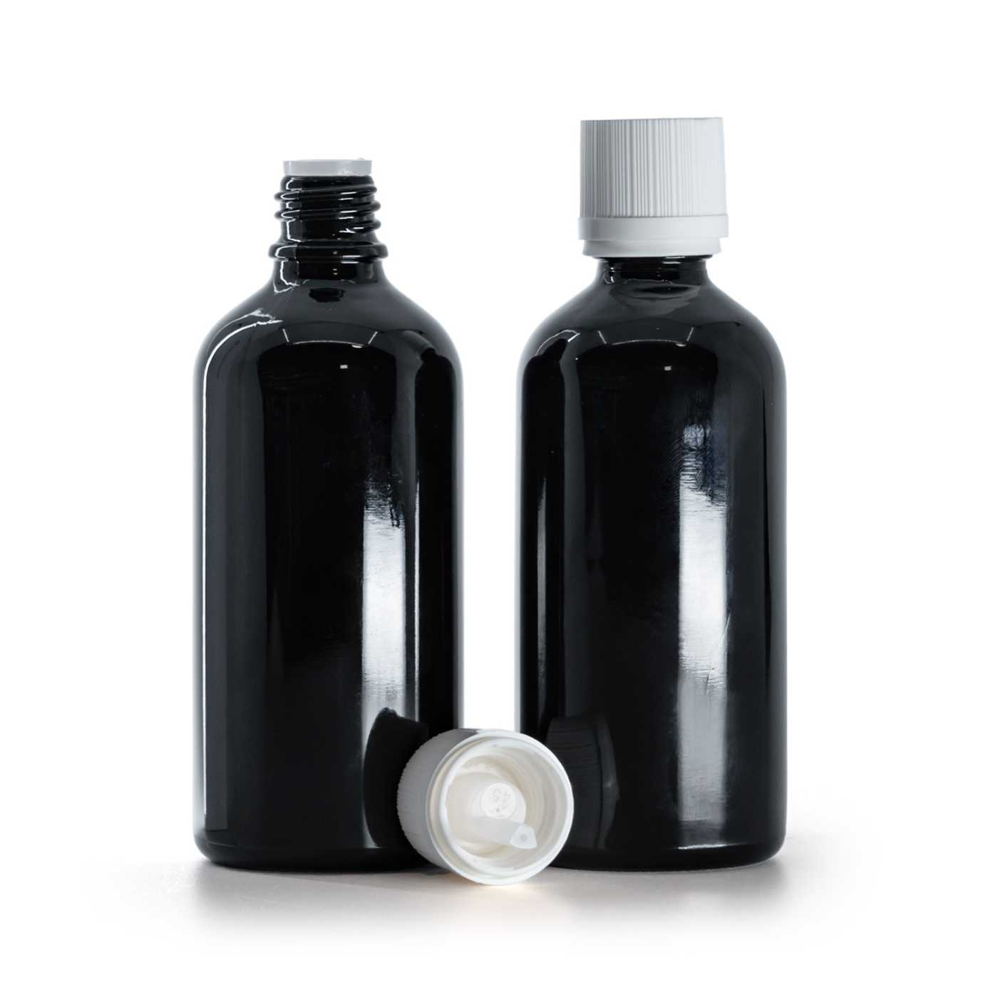 Botella de vidrio, negro brillante, tapón de seguridad blanco con cuentagotas, 100 ml