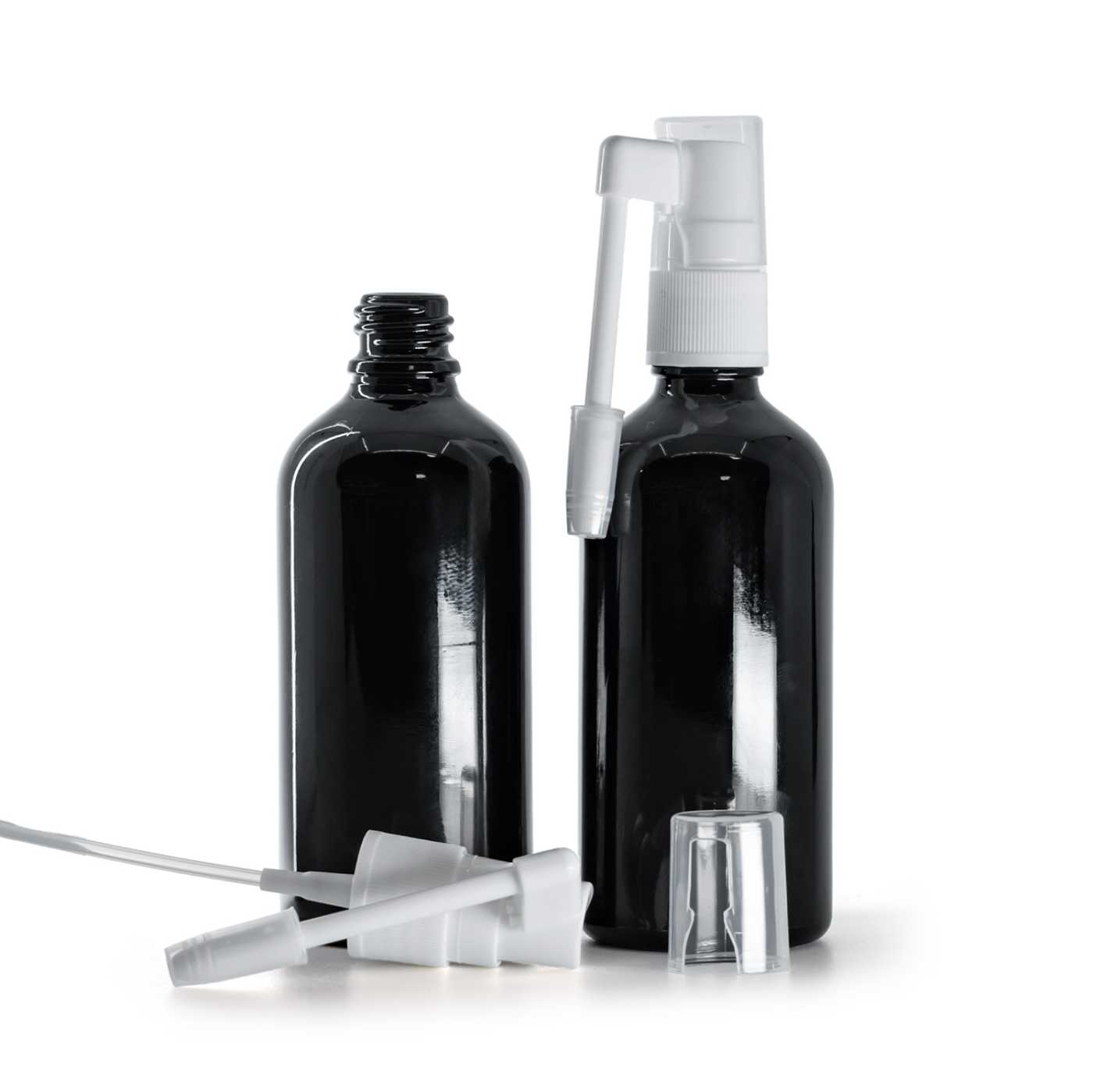 Butelka szklana czarna błyszcząca, spray do gardła, 100 ml