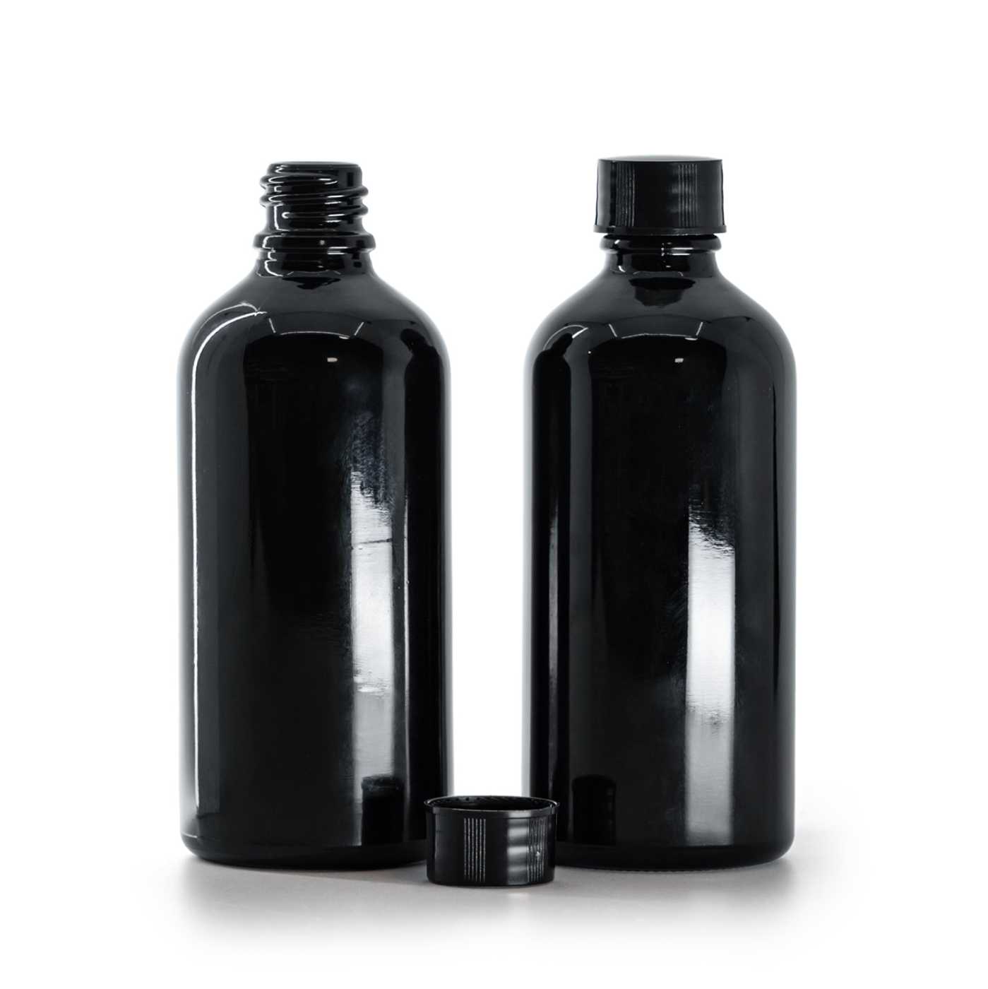 Butelka szklana czarna błyszcząca, nakrętka czarna, 100 ml