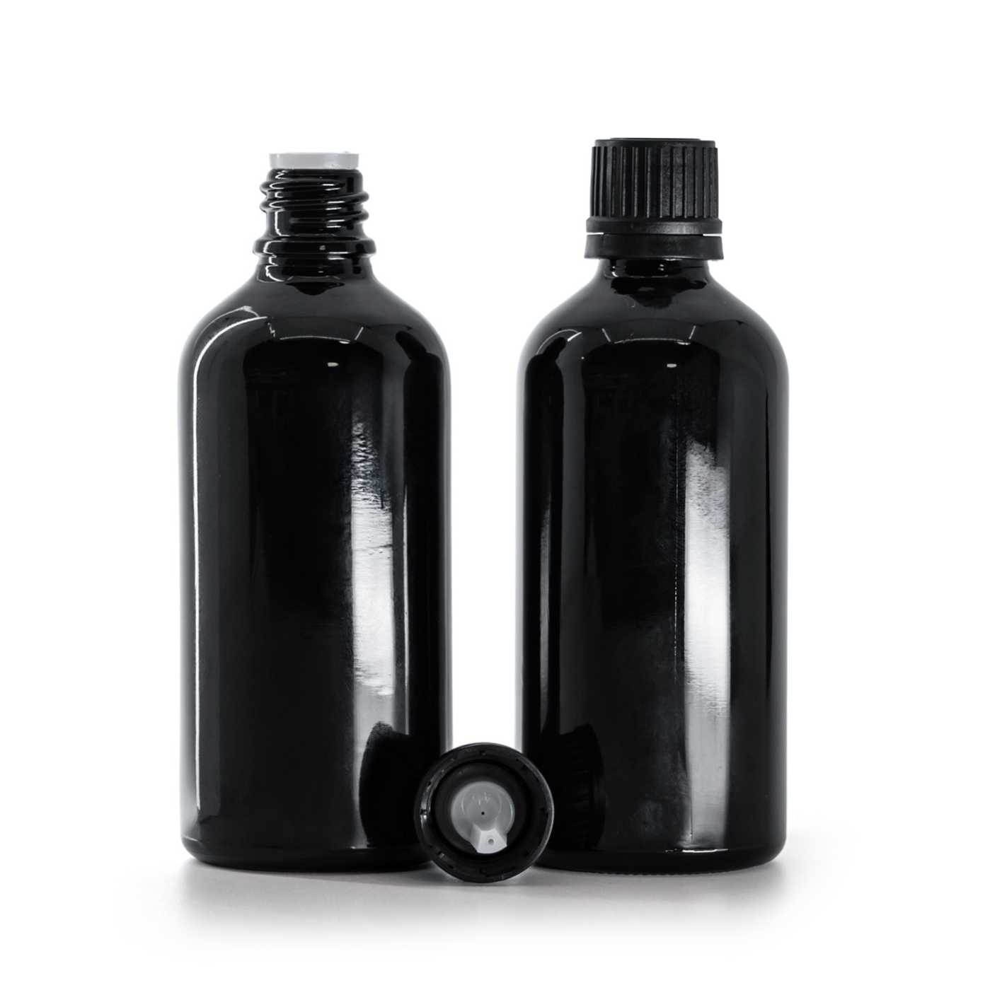 Butelka szklana czarna błyszcząca, nakrętka czarna z kroplomierzem, 100 ml