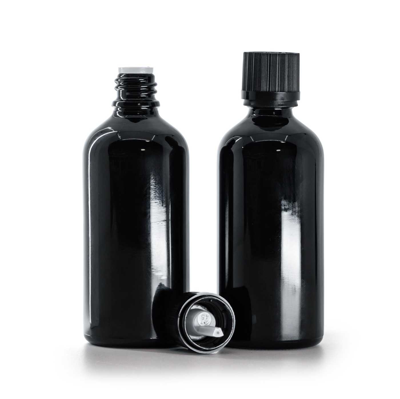 Butelka szklana czarna błyszcząca, nakrętka czarna żebrowana z zabezpieczeniem, 100 ml