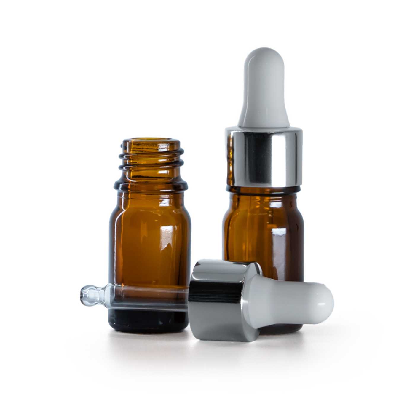Butelka szklana apteczna, srebrny błyszczący kroplomierz, 5 ml